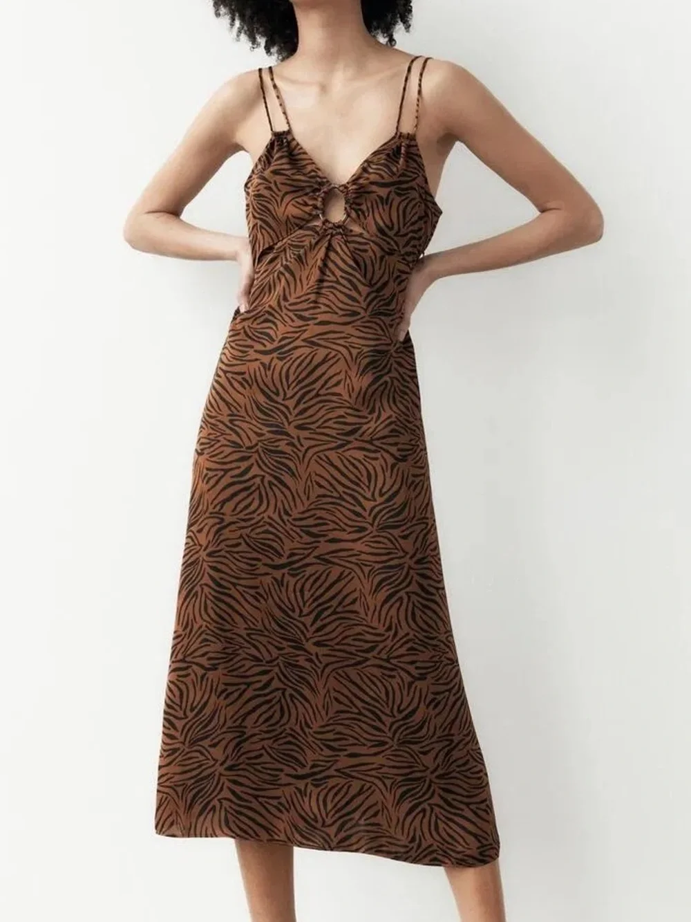 zara satin animal print dress Zara - Animal Print Satin Slip Midi Dress - Multicolored - Xs